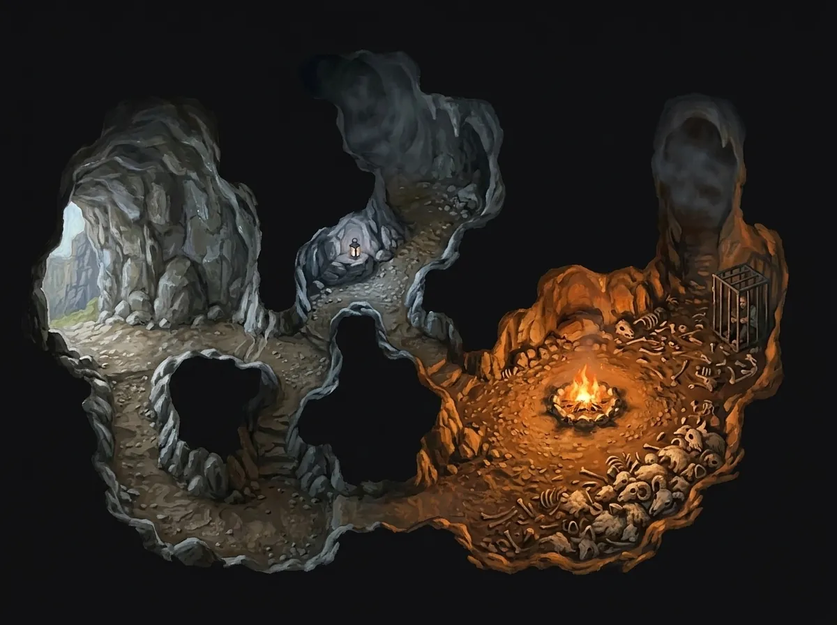 Painted overhead plan of a cave: a daylit mouth at the upper left opening onto a broad stone floor, a small side alcove with a lit lantern, and a warm chamber to the right holding a campfire, a bed of bones and a wooden cage with a man inside it
