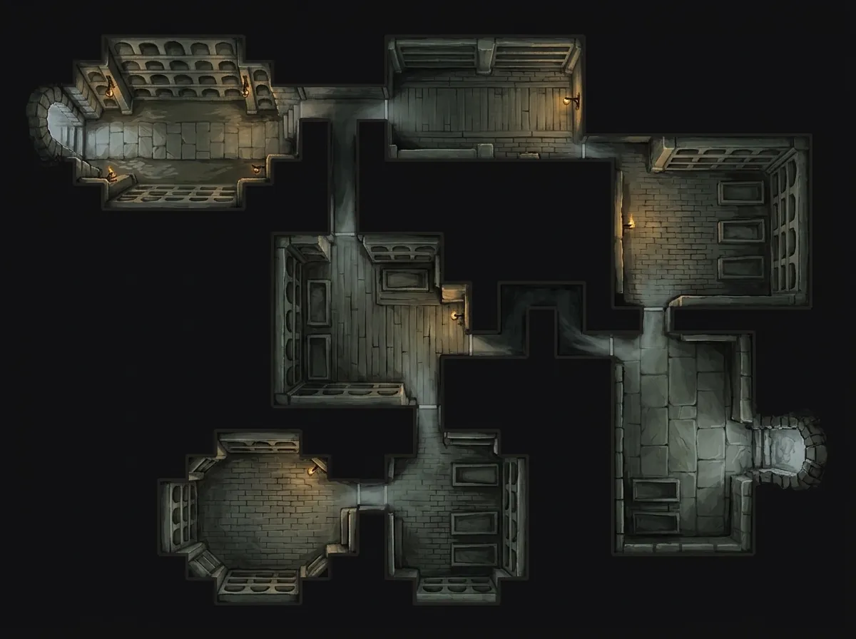 Painted overhead plan of a stone crypt: a flooded hall at the upper left lined with empty burial niches, brick vaults and stairwells linked by narrow passages, sconce flames along the walls