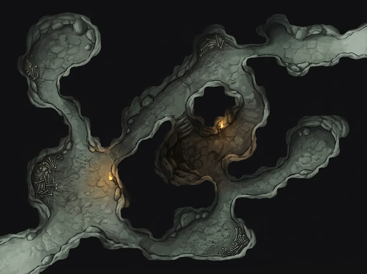 Painted overhead plan of a pale limestone burrow: irregular tunnels branching in every direction with no straight lines, a small fire at the centre, bones piled in several of the far ends