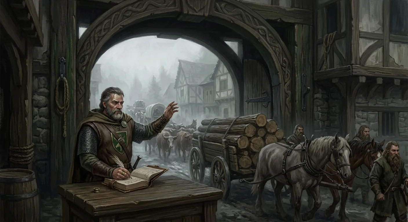 A toll clerk at a writing desk beneath a carved stone arch, quill on an open ledger and a hand raised to halt a log cart, as drovers and cattle queue through the gate behind him