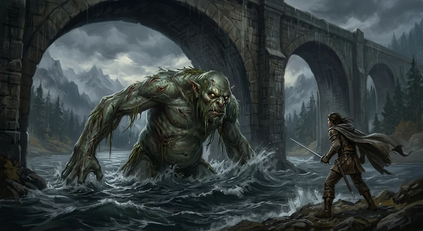 A troll rising out of a river beneath a three-arch stone bridge, a lone swordswoman braced on the near bank with her blade drawn, storm light over the mountains behind