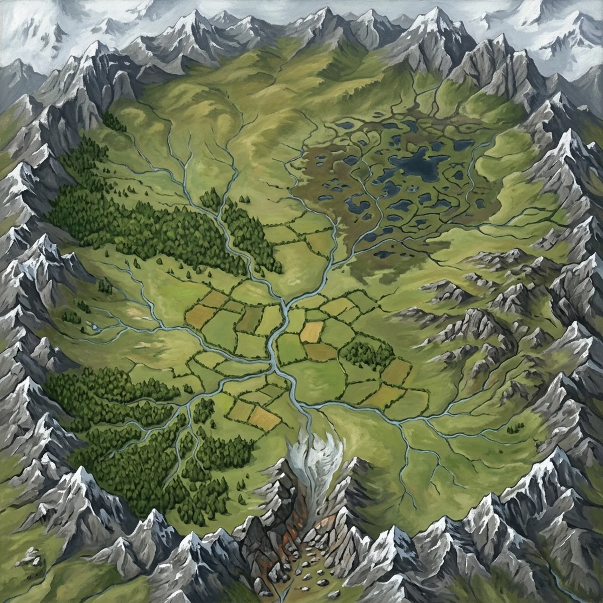 A painted map of a high valley ringed by snow-capped mountains: forest and field walls along the rivers, marshy lakes to the north-east, and a collapsed rockfall closing the pass at the southern end