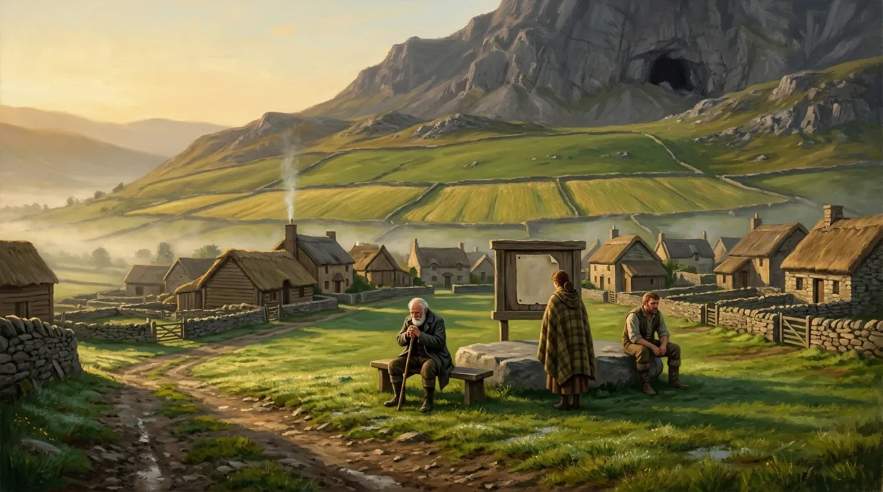 The village of Aldwyn at dawn: thatched cottages and green field walls below a steep hillside, with a dark cave mouth open in the rock above, and three villagers waiting by a notice board