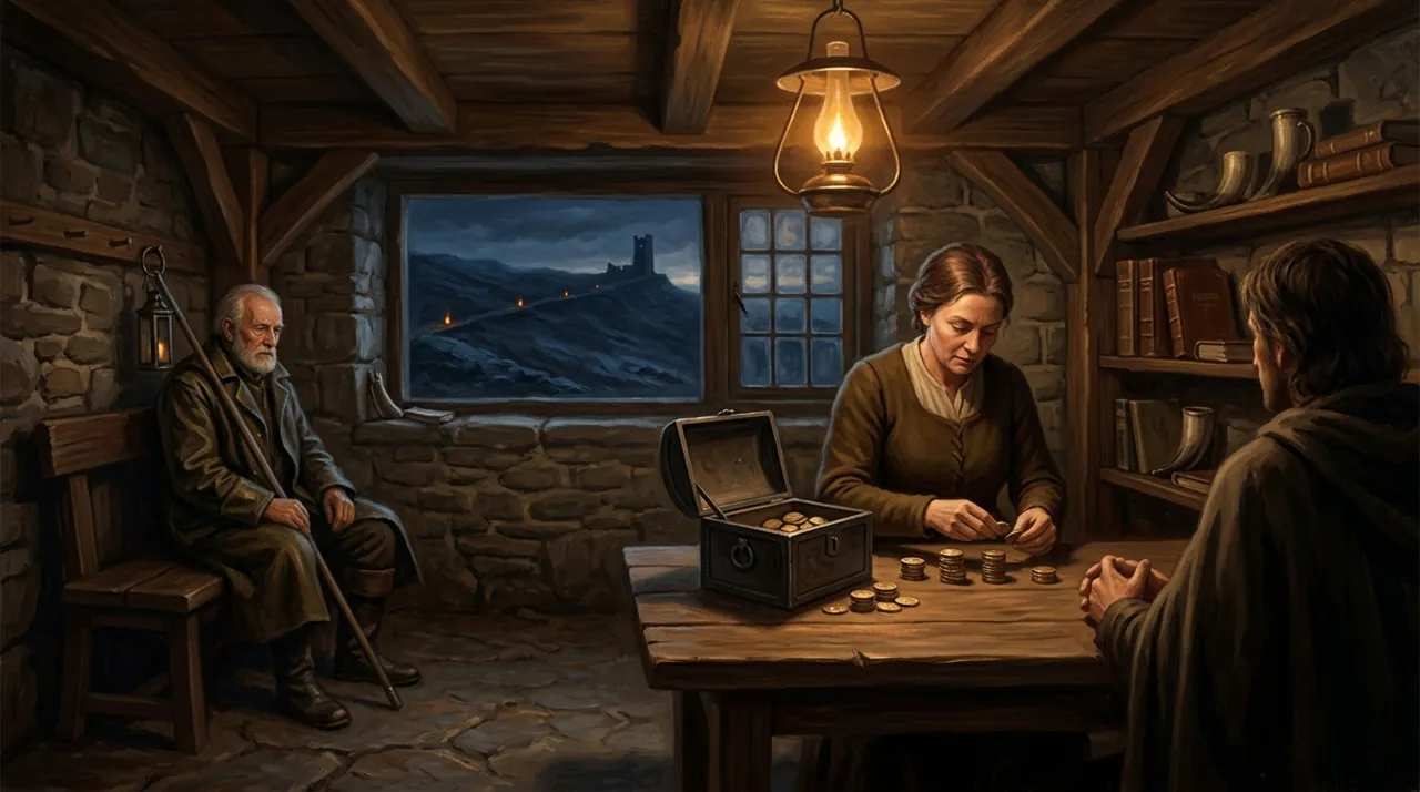 A lamplit stone room at night: an old man in a heavy coat sits waiting with a long staff across his knees, a woman counts stacked coin from an open strongbox on the table, and a cloaked figure sits across from her. Through the window behind them a dark ridge runs away into the hills with small lights burning along it and a tower standing unlit on the skyline