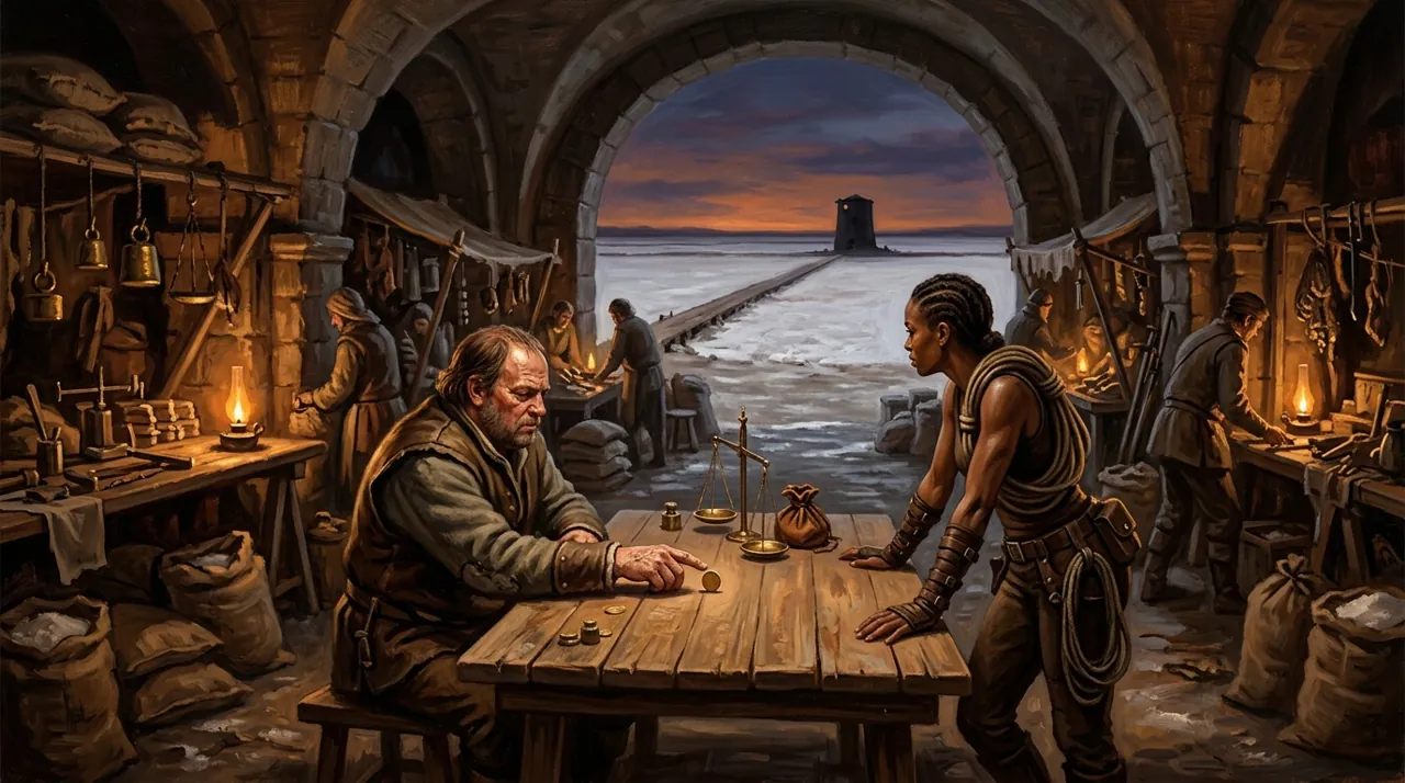 A lamplit vaulted salt market at dusk: a weathered fence seated at a table with brass scales and a coin purse, a braided woman leaning across it toward him, and beyond the arch a causeway running out over white flats to a lone tower