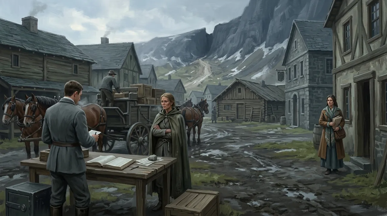 A muddy mountain village street under grey peaks: a clerk writing at a table beside a loaded wagon and team of horses, a cloaked woman standing with her arms folded, and a second woman with a ledger under her arm watching from a doorway opposite