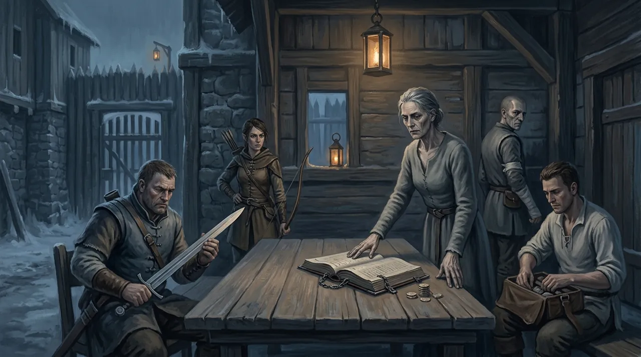 A lamplit garrison room at night: a soldier cleaning a longsword, an archer standing watch with her bow, a grey-haired woman with her hand flat on an open chained book, and a man counting coins out of a satchel