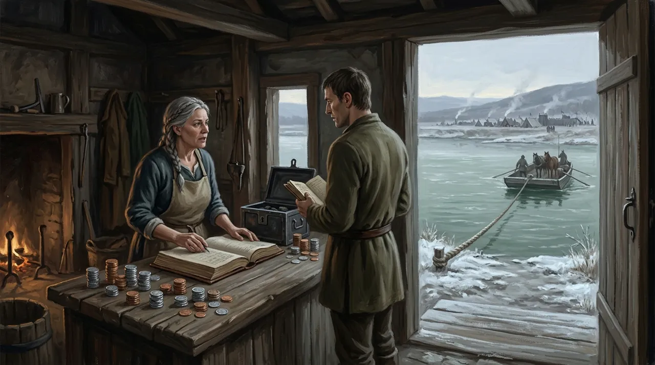 A toll-keeper counting stacked coin over an open ledger in a river-crossing hut, with the frozen crossing, a laden ferry and a soldiers' camp visible through the open door