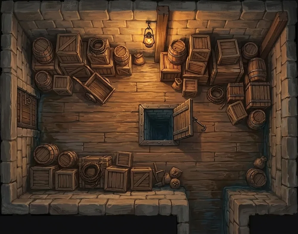 Painted overhead plan of a smugglers' cellar: crates and barrels stacked along the walls, coiled rope, a tipped hand-cart, an open floor hatch and a hanging lantern