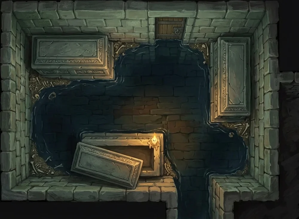 Painted overhead plan of a flooded burial vault: black standing water across the flagstones, three carved stone biers, one lid shoved half off, bone litter at the waterline and a single lit candle