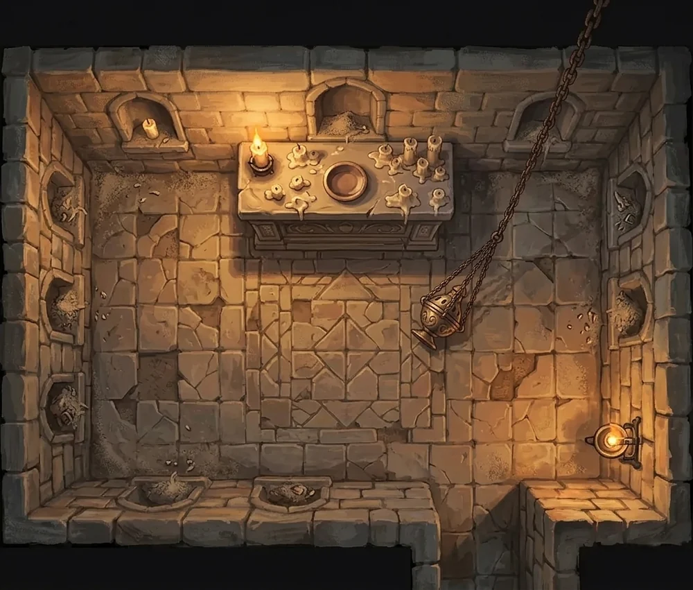 Painted overhead plan of a disused underground shrine: a low stone altar with an offering bowl and melted candle stubs, a worn tile mosaic with pieces missing, and a fallen censer on its chain