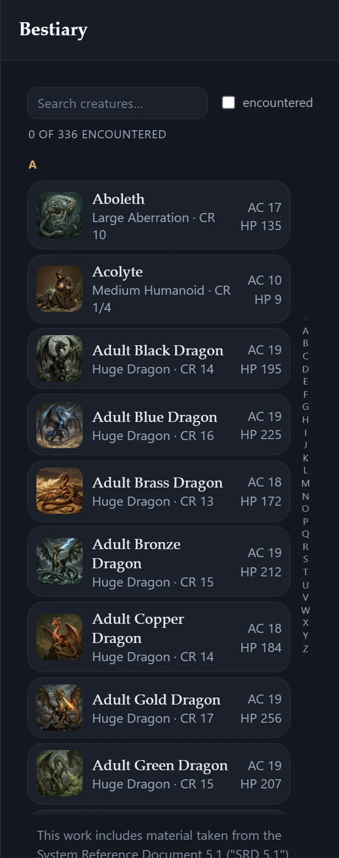 The Bestiary panel: an A to Z list of creatures, each with a painted plate, its size and type, challenge rating, armour class and hit points, with a counter reading 0 of 336 encountered