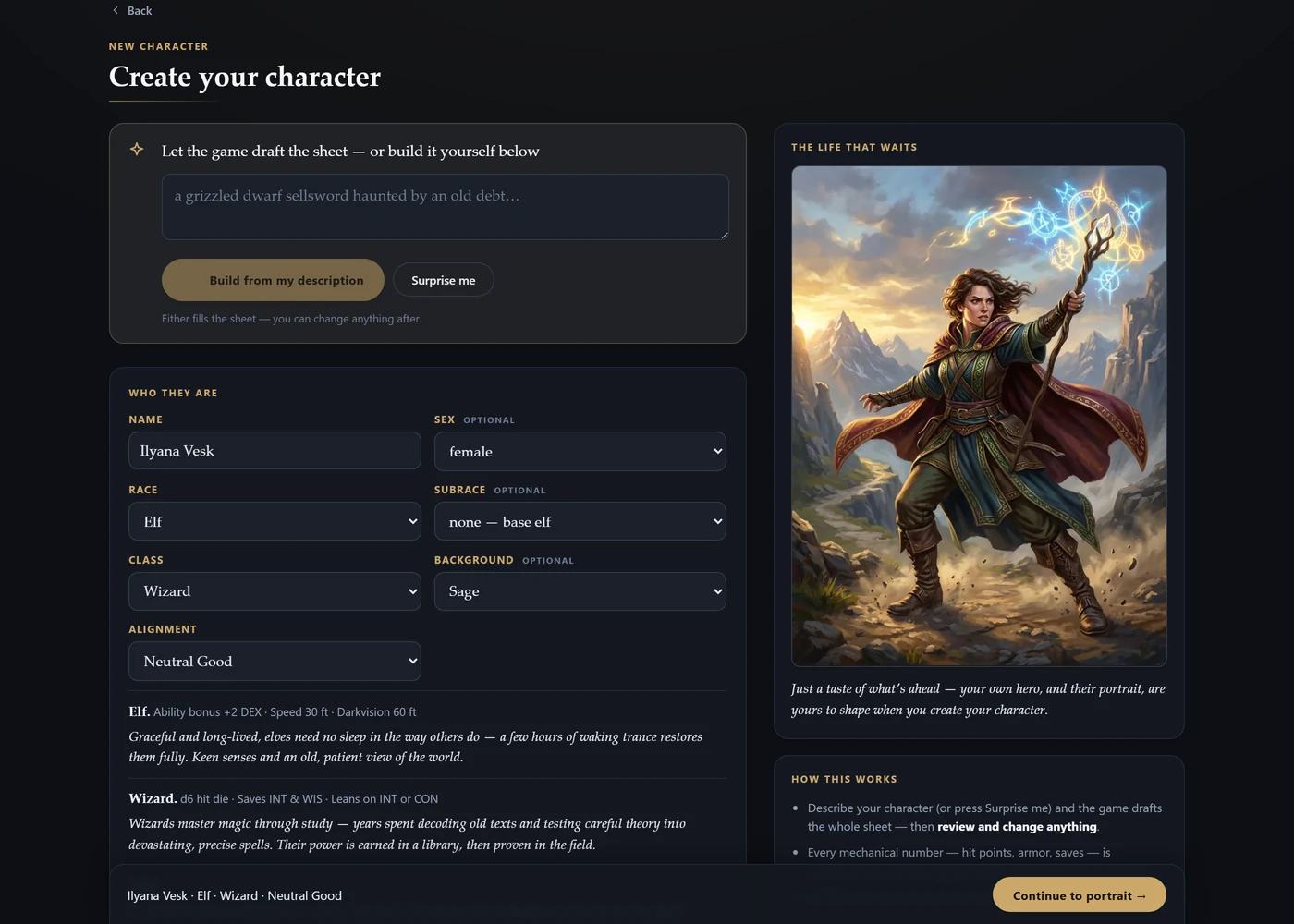 The character-creation screen: a form headed Create your character with name, sex, race, class, background and alignment filled in for an elf wizard called Ilyana Vesk, the elf and wizard rules facts printed beneath the fields, and a painted illustration of a female wizard casting on a mountain road beside it