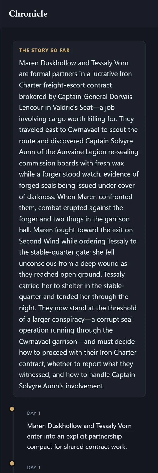 The Chronicle panel: a story-so-far summary naming the partnership, the forged seals discovered at Cwrnavael and the fight in the garrison hall, followed by a dated day-by-day timeline