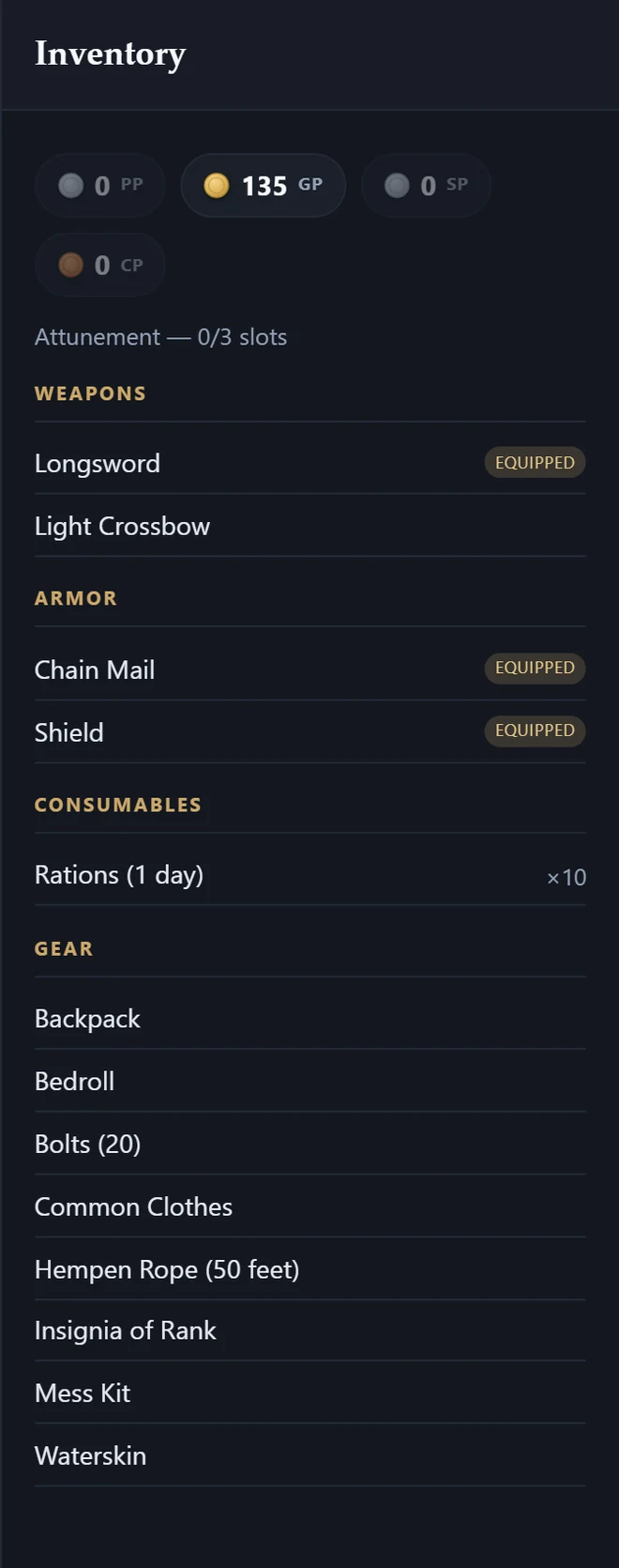 The Inventory panel: a purse showing 135 gold and zero platinum, silver and copper, attunement slots, and items grouped into weapons, armour, consumables and gear with equipped tags