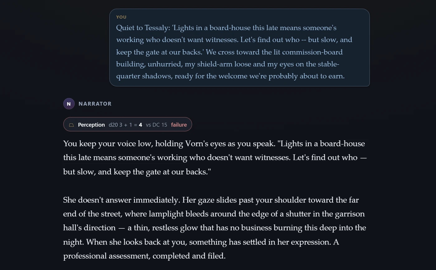 One exchange: the player's typed line in a bubble, then the Narrator's reply headed by a readout showing Perception d20 3 plus 1 equals 4 versus DC 15, marked failure, followed by prose in which the companion notices the thing the player just missed